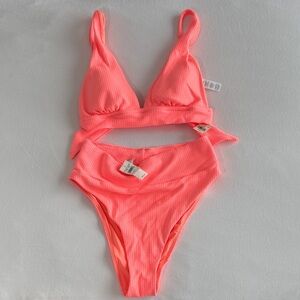 NWT Aerie Neon Coral Waffle Bikini Set Top M Bottom S
